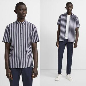 New Theory Irving Short-Sleeve Shirt in Striped Cotton Size S